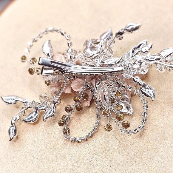 Flowers and Leaves Rhinestone Crystal Hair Clip Formal Bridal Accessory - Picture 10 of 14